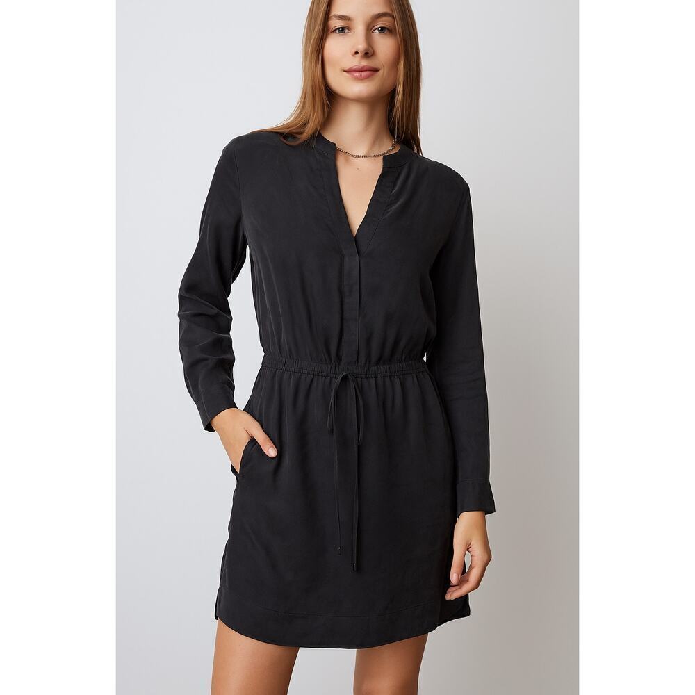 Vince 100% Silk Long Sleeve Black Tunic Mini Dress with Pockets Size 4